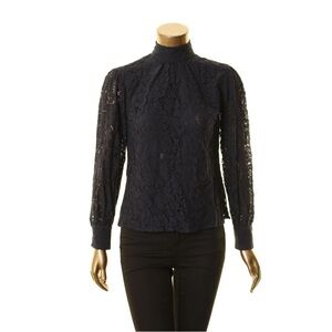 LAUREN RALPH LAUREN Navy Lace Mock Neck Blouse Shirt Top